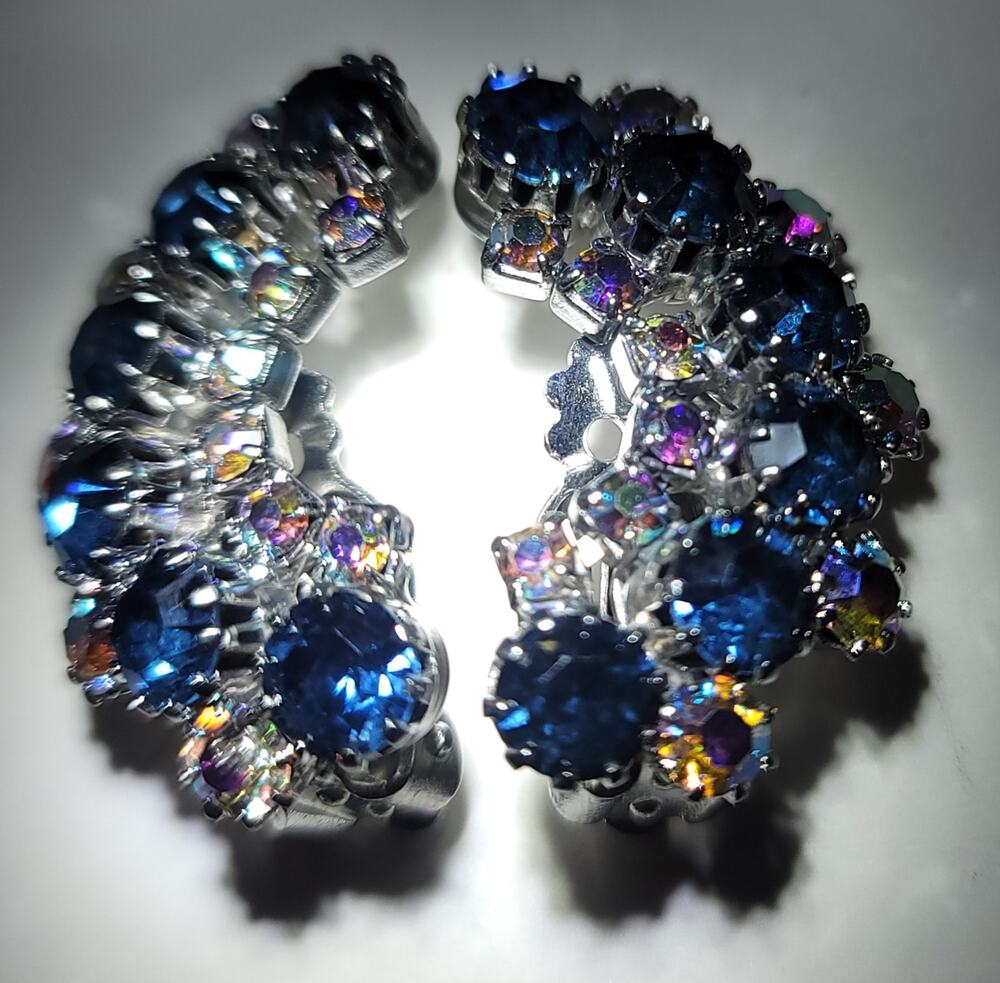 Vintage Sapphire Blue & AB Rhinestones Crescent Ear Climber Clip-ons Earrings